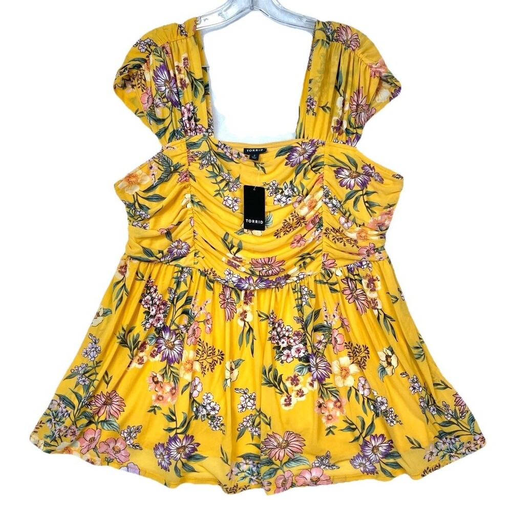 Torrid Womens 2 Blouse Yellow Floral Ruched Sweetheart Babydoll Sleeveless NEW